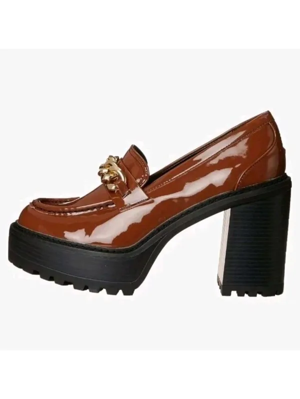 Madden Girl Brown Patent Leather Platform Heeled Loafers Shoes Chunky Size 7.5 - Image 4