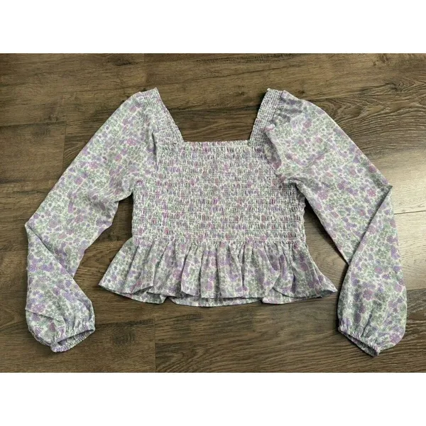 EUC Womens Japna smocked cropped floral ruffle puff sleeve size M‎ - Image 2