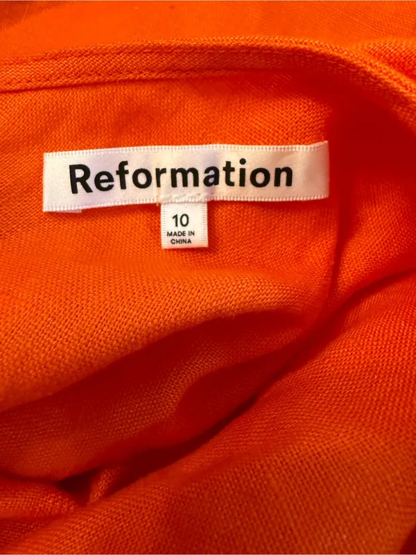 Reformation Midi Cassette 100% Linen Open Back Dress – Flame Orange Size 10 - Image 3
