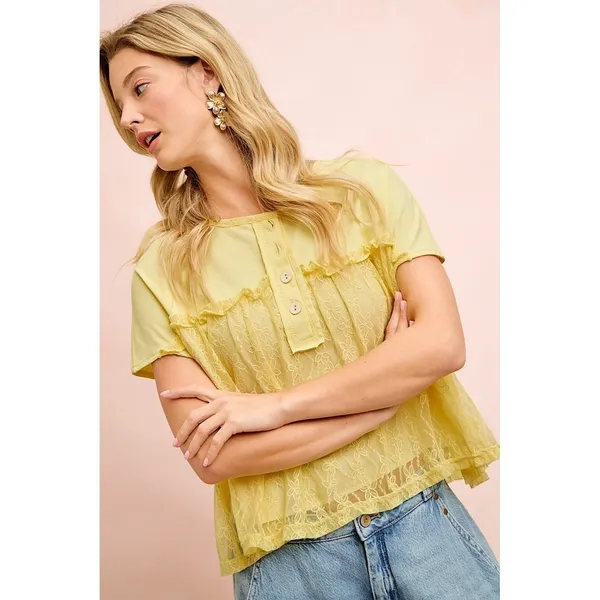 BiBi Solid Jersey With Lace Combo Ruffled Buttoned Top - Image 10