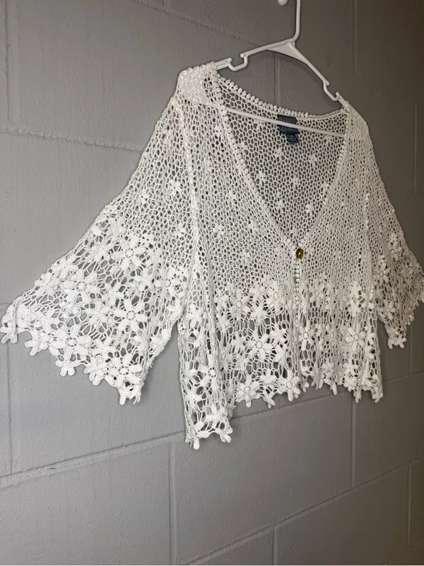 Vintage White Crochet Lace Cotton Cardigan Cover Up Women's XL Boho Cottagecore - Image 5