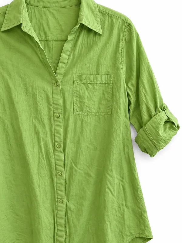 True Destinations Women’s Small Green Cotton Button Down Shirt Roll Tab Sleeve - Image 4