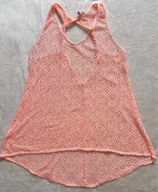 Womens Peach Bathing Suit Cover - Mesh Design Twist Keyhole Swim Cover Up - Image 2
