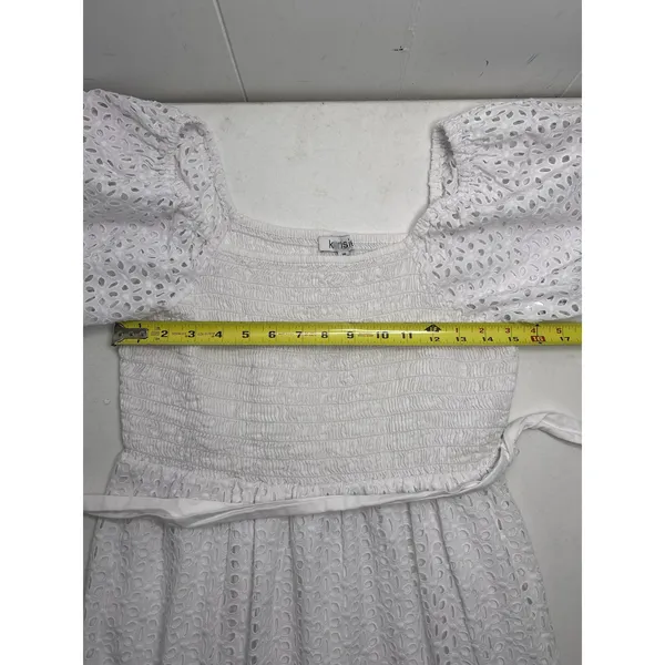 Kensie White Eyelet Midi Dress Smocked Feminine Romantic Puffy Sleeve Size 14 - Image 4