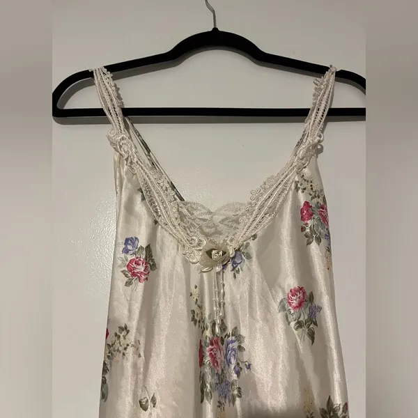 Vintage Floral Satin Slip Nightgown Lingerie Cottagecore pearl dangle midi dress - Image 8