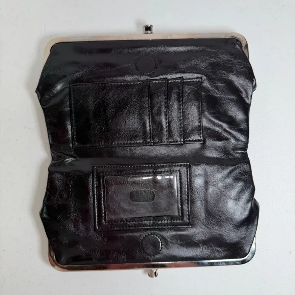 Kiss Lock Lauren Clutch Wallet Double Frame Black Vegan Faux Leather Iconic - Image 6