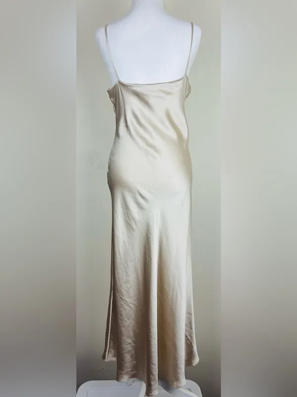 Zara champagne colored satin slip dress with side slit and button detail. Est S - Image 4