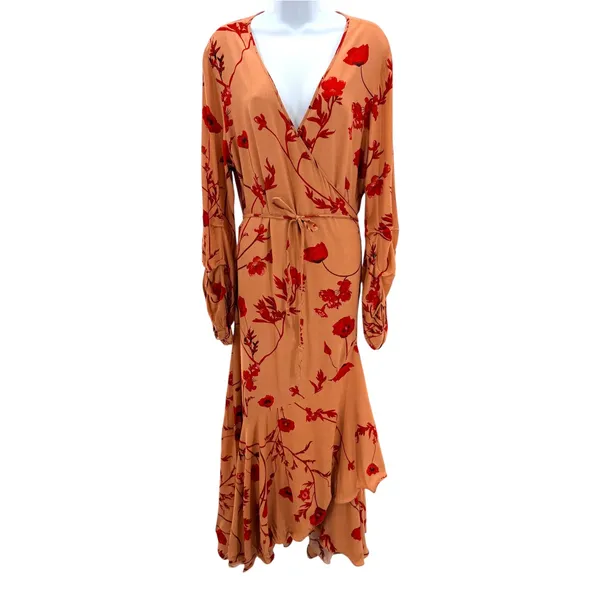 Johanna Ortiz x H&M Floral Wrap Maxi Dress Orange Red Poppy L Long Sleeve Ruffle - Image 3