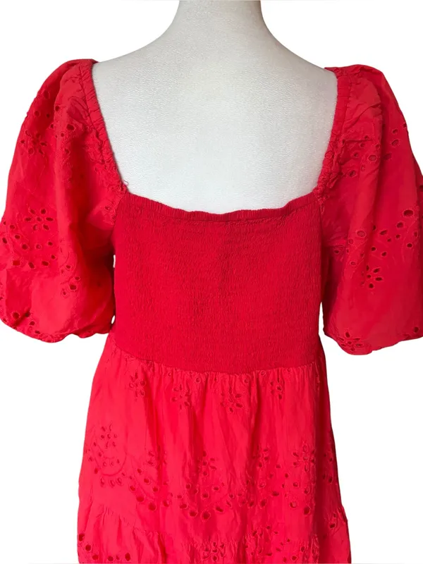 Cotton Maxi Dress Smocked Back Eyelet Puff Sleeve Coral Womens Large - Image 4