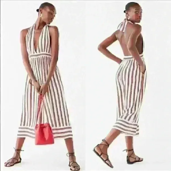 Urban Outfitters Raven striped Plunging Halter‎ Style cropped Jumpsuit sz S - Image 2