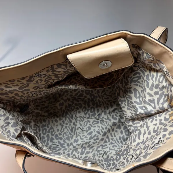 Guess Black White Stripe Tote‎ Bag Beige Trim Interior Leopard Print - Image 3