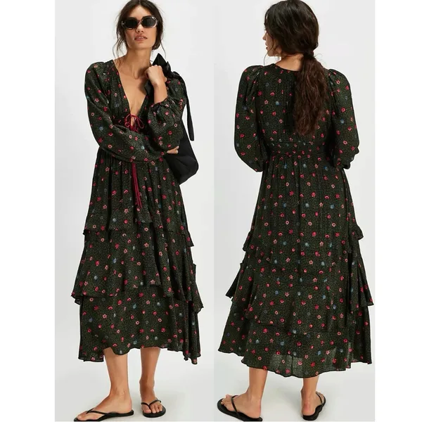 Free People Bohemian Gypsy Tiered Ruffle Maxi Dress Size Medium Witchy Plunge - Image 2