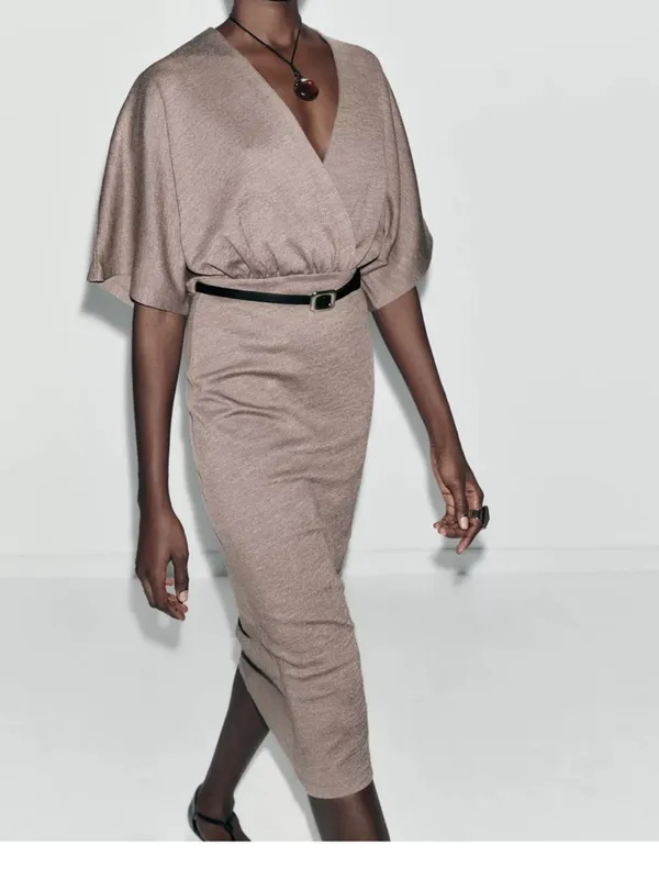 Zara Taupe Kimono-Sleeve Midi Dress with Black Belt - Image 6
