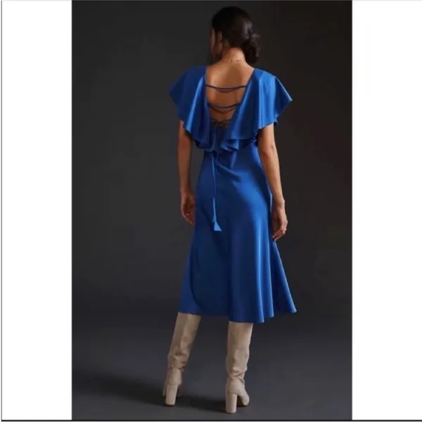 ANTHROPOLOGIE Sachin & Babi Ruffled Maxi Dress V-Neck Flutter Sleeves Blue 8 - Image 3