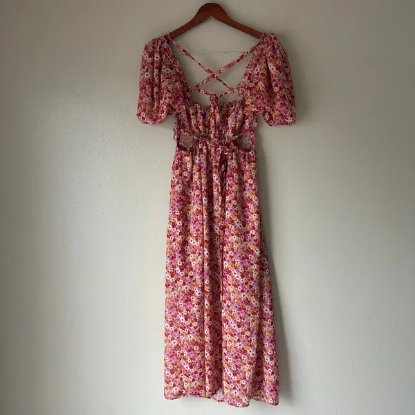 For Love and Lemons Pink Floral Midi Dress Size Small - Image 9