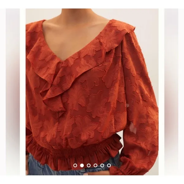 Anthropologie Textured Floral Blouse size‎ medium color-Crimson Tie Back Ruffle - Image 3
