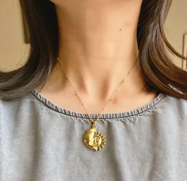 Handmade gold tone stainless steel whimsical vintage boho style sun & moon necklace🌛🌞 - Image 6