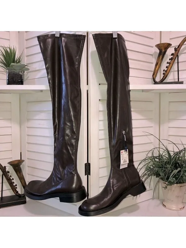 Zara Over The Knee Brown Flat Boots Size 7 5 - Image 3