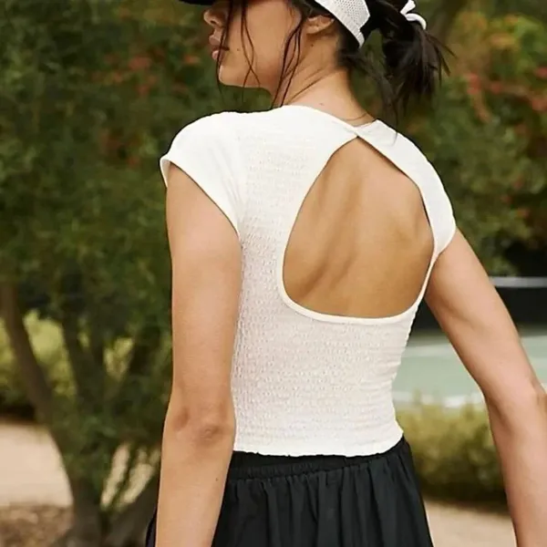 NWOT Free People Smocked Sweetheart Open Back Cap Sleeves Crop Top white ribbed - Image 2