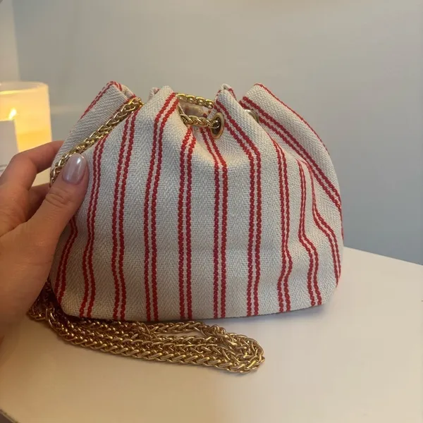 Striped Red and White Linen Bucket Bag - Image 6