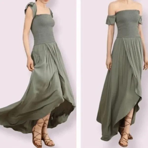 Young, Fabulous & Broke Olive Green Smocked Faux Wrap Maxi Dress Small - Image 10