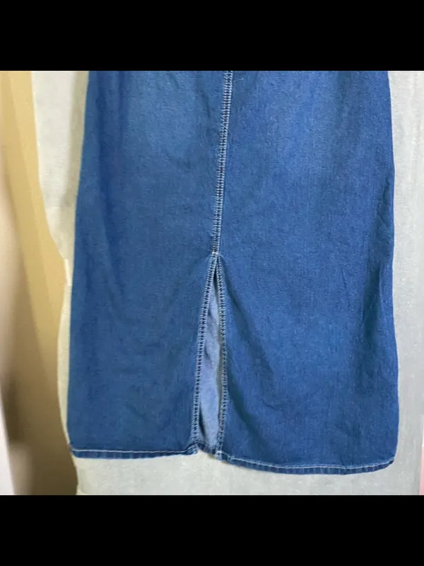 Vintage denim maxi skirt boho festival back slit size 6 Cato cottage lace detail - Image 7
