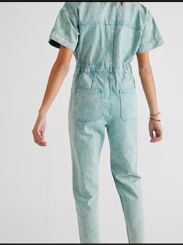 We The Free Marci Mint/Aqua Denim Overalls Jumpsuit Size Small - Image 2