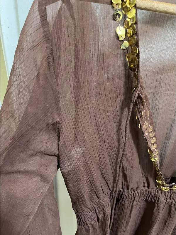 Y2K Wet Seal Brown Long Sleeve 100% Silk Sequin Blouse Top M - Image 6
