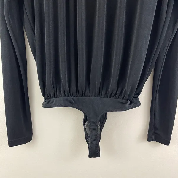 Free People Black Plunging V Neck Faux Wrap Long Sleeve Turnt Bodysuit NEW - Image 10