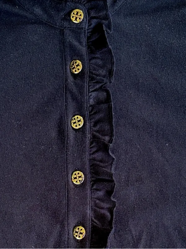 Tory Burch Pima Cotton Ruffle Logo Button Top Black Size Small - Image 4
