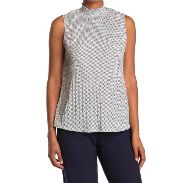 Adrianna Papell Accordion Pleats Sleeveless Smock Neck White/Black Polka Dot Top - Image 9