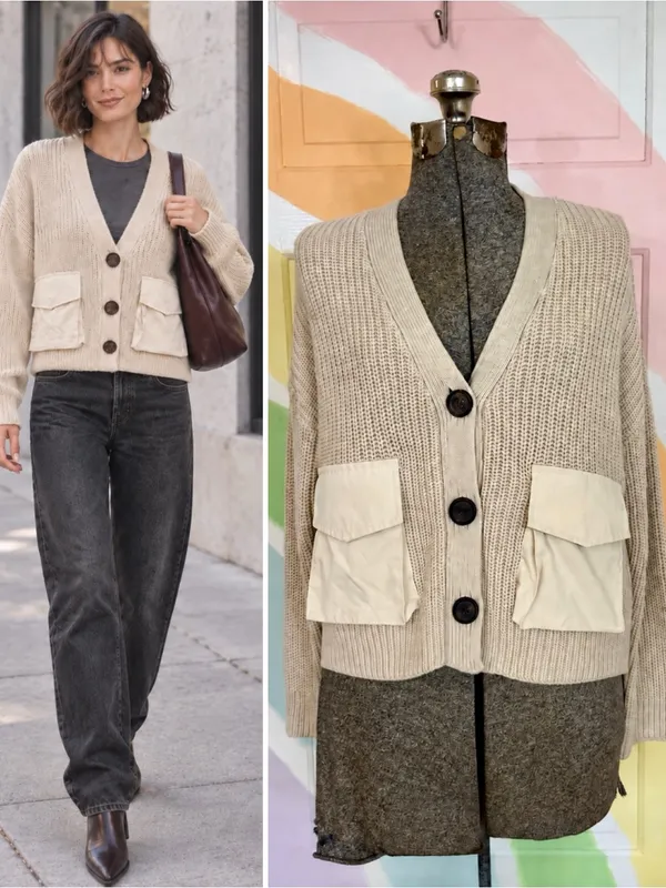 English Factory Cream Chunky Knit Utility Pocket V-Neck Cardigan XS 💛🍄 - Image 2