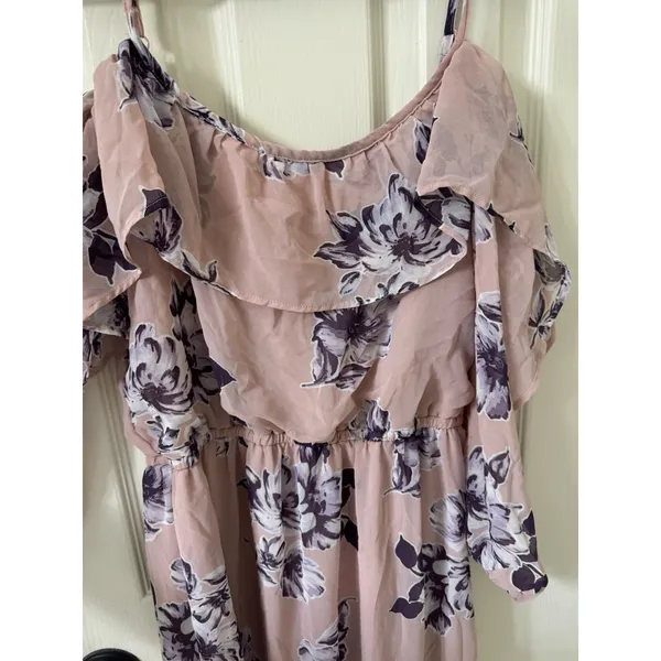 As U Wish Pink Purple Floral Cold Shoulder Ruffle Maxi Dress Adjustable Straps M - Image 3