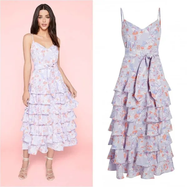 LIKELY NWT $248 Ariella Floral Tiered Ruffle Midi Dress Pastel Purple Women's 8‎ - Image 3