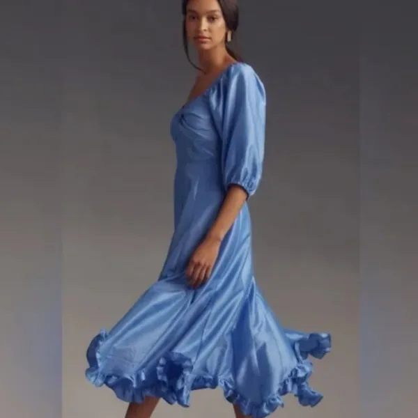NWT Anthropologie HUTCH Twist Front Puff Sleeve Ruffle Hem Dress Sky Blue - Image 3