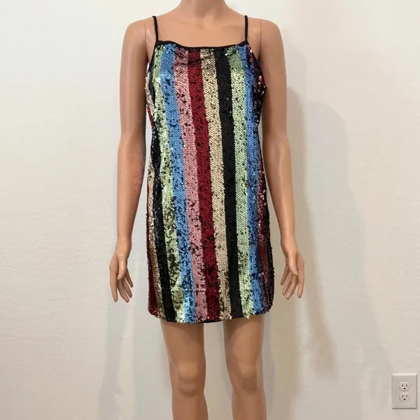 medium sequin multicolor striped mini dress metallic D4 2921 Blue - Image 11