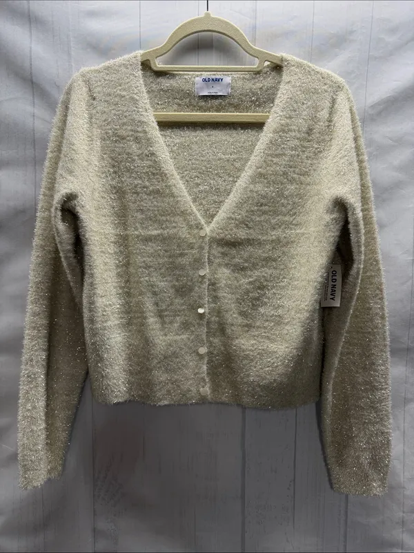 Old Navy NWT Cream Gold Textured Shine Crop Party Cardi Cardigan Sweater Small - Image 3
