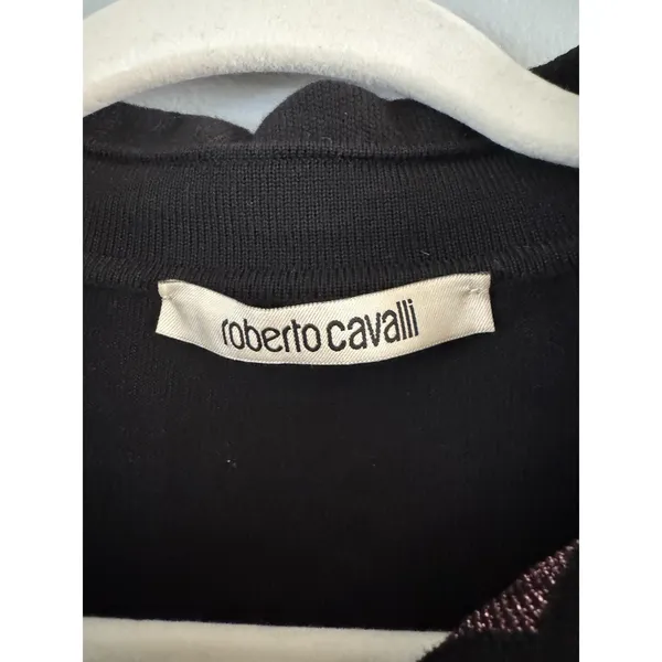 Roberto Cavalli Black Metallic Knit Long Sleeve Polo Shirt Women’s Size Large - Image 4