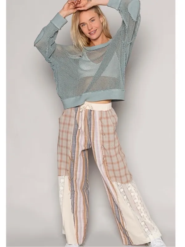 POL NEW relaxed fit patchwork cotton pants plaid, stripes, lace detail medium - Image 5