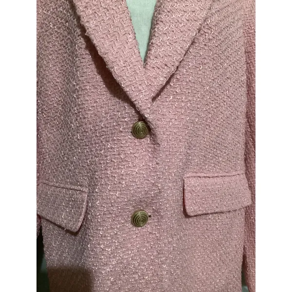 H&M Pink Textured Tweed Blazer Jacket Gold Buttons Oversized Women Medium - Image 3
