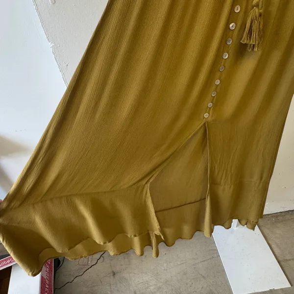 Elan Mustard Yellow Strapless Button Front Maxi Dress Small RG5761 Boho Tassel - Image 4