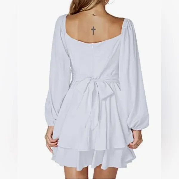 LYANER Wrap Tie Back Square Neck Double Layer Ruffle Hem A Line Mini Dress Sz M - Image 11
