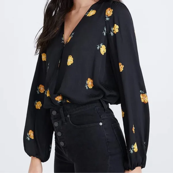 Madewell Bubble-Sleeve Black Wrap Top with Yellow Gold Floating Florets S - Image 2