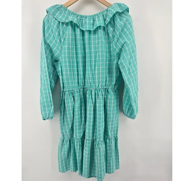 J.Crew Dress Womens 14 Green Plaid Ruffle Neck Tiered Seersucker BP802 New - Image 4