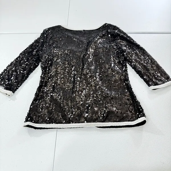 IMAN Sz M Sparkling Black Sequin‎ Embellished Jacket with White Trim 3/4 Sleev - Image 5