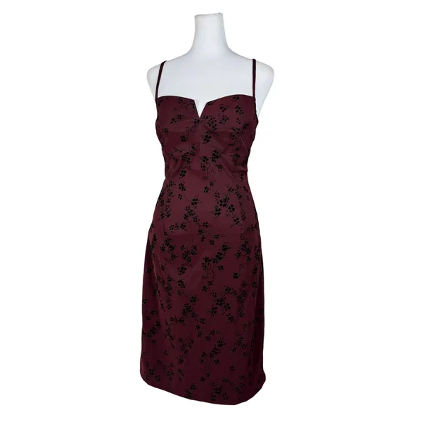 Vintage Y2K La Belle Burgundy & Black Floral Print Sleeveless Bodycon Midi Dress - Image 2