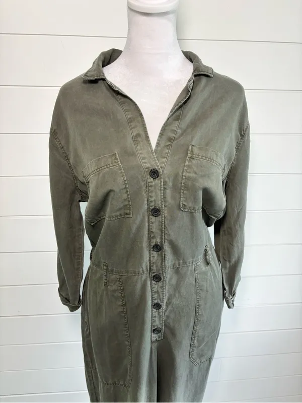 Abercrombie & Fitch Olive Green Button-Front Utility Jumpsuit Size M - Image 6
