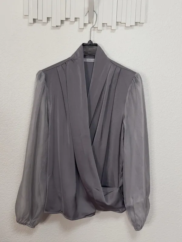 Miss Sparkling Silver Gray Satin Surplice Wrap Blouse Draped Long Sleeve Top - Image 2