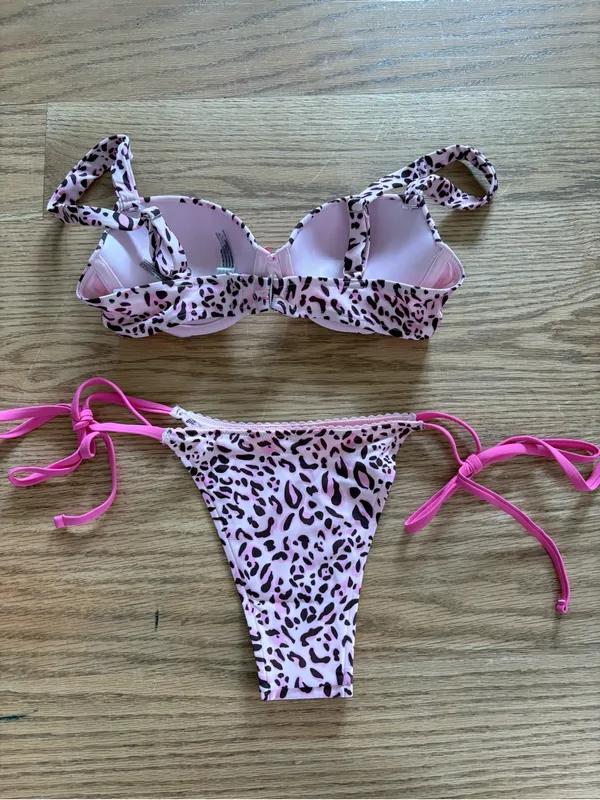 Frankie's Bikinis Pink Leopard Print Bikini Set with Hot Pink Ties - Image 3