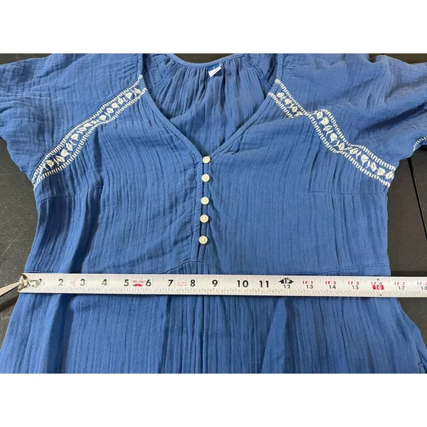 Old Navy Blue Gauze Midi Maxi Dress Boho Peasant Cottagecore Embroidered S - Image 14